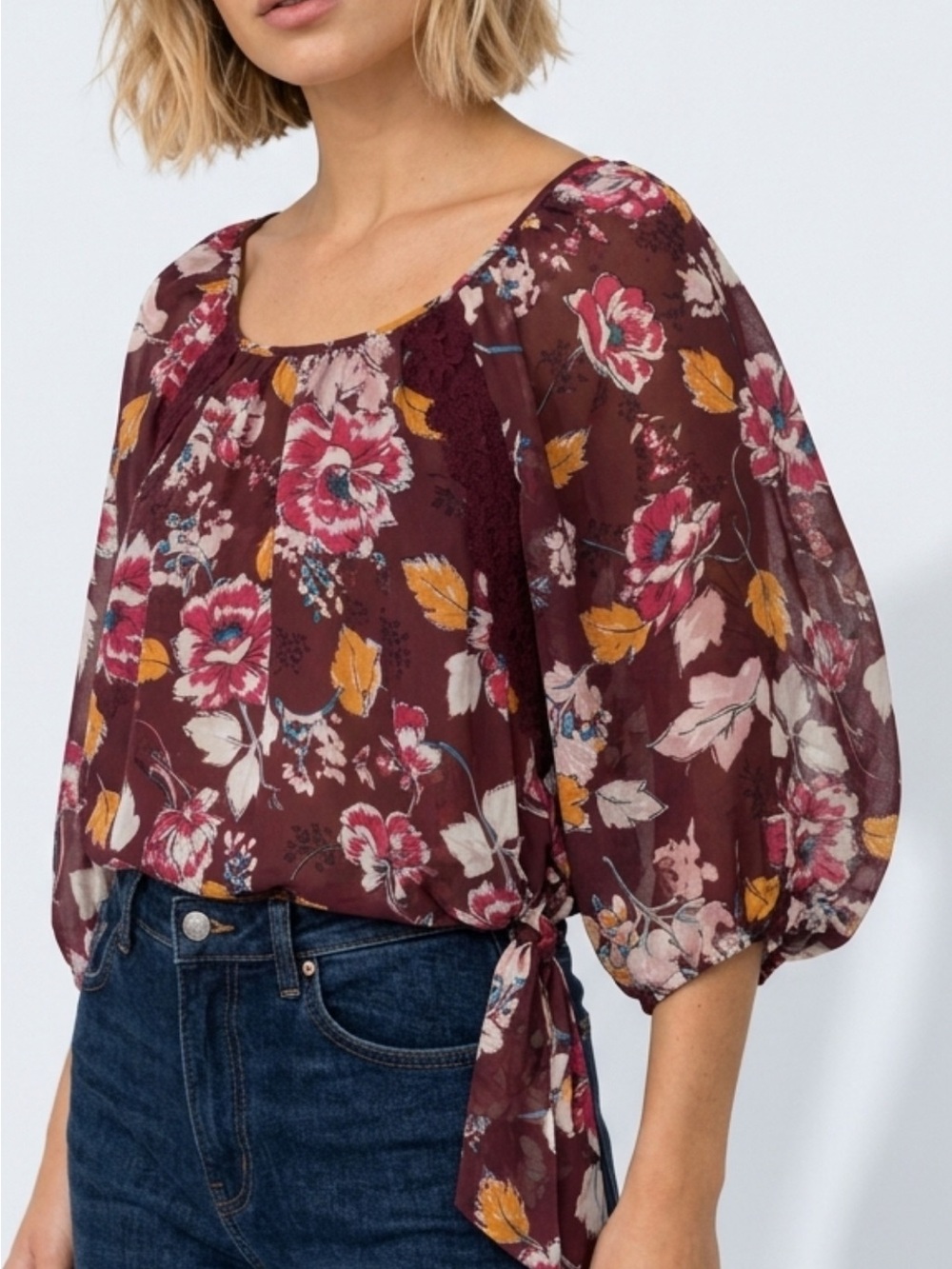 LOFT Burgundy Floral Tie-Side Peasant Blouse